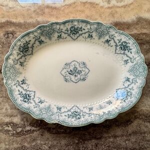 Antique Grindley & Co Flow Green & White Marcella Floral/Fleur De Lis Platter